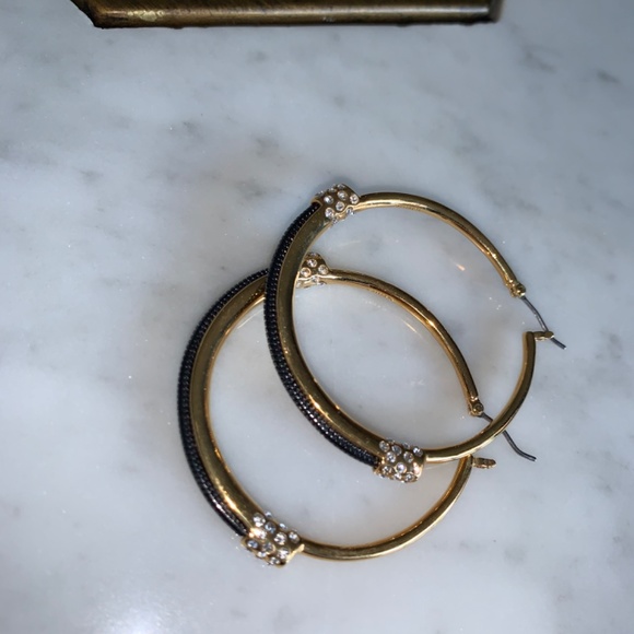 Sparkly 1 3/4 inch hoops in gold-tone with black metal & crystals. - Picture 4 of 9